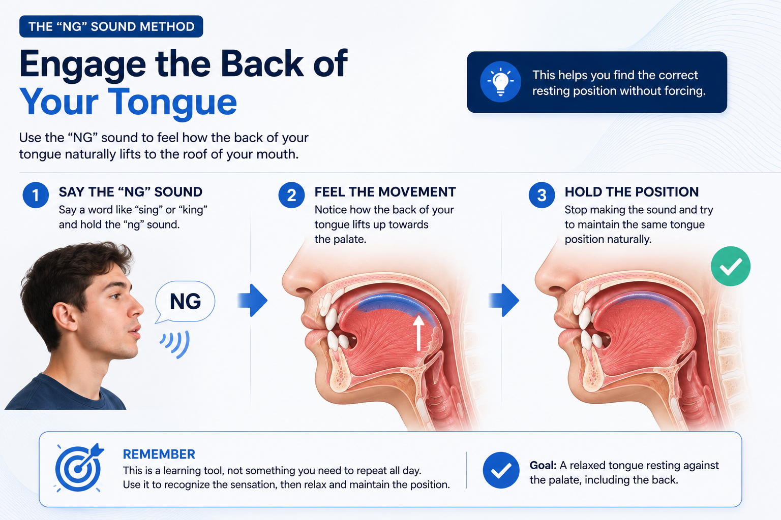 Using the NG sound to find the correct tongue position for mewing